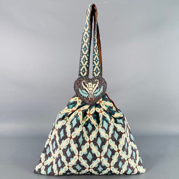 Mirella Handbags - MURIEL BRANDOLINI Blue Brown White Beaded Hand Embroidered Cotton Handbag